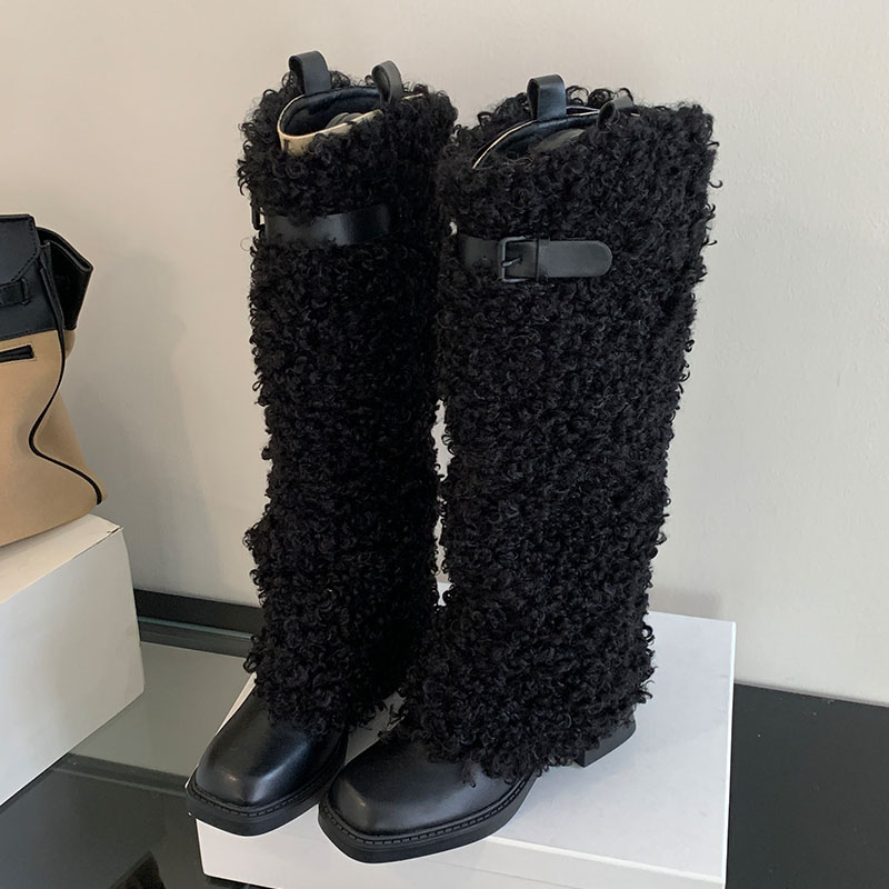 New Fashion Fur Women Modern Knee High Boots Female Warm Designer Furry Footwear Ladies Long Booties With Heels Shoes