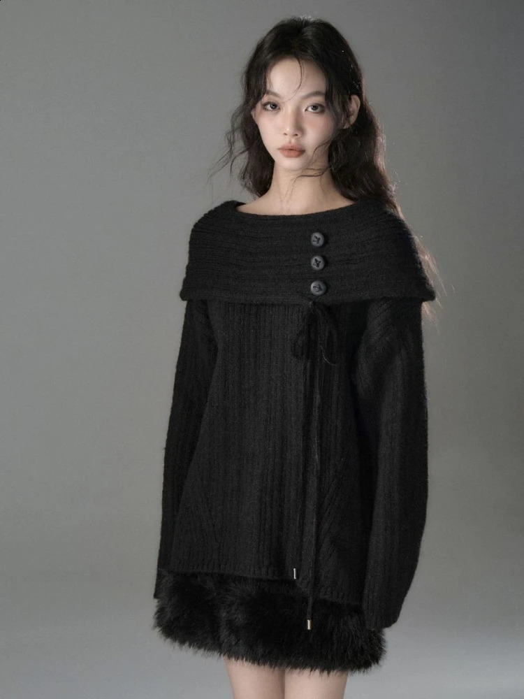 HOUZHOU Coquette Elegant Sexy Knitted Pullovers Sweet Solid Y2k Aesthetic Off Shoulder Bow Bandage Loose Sweater Autumn 240911