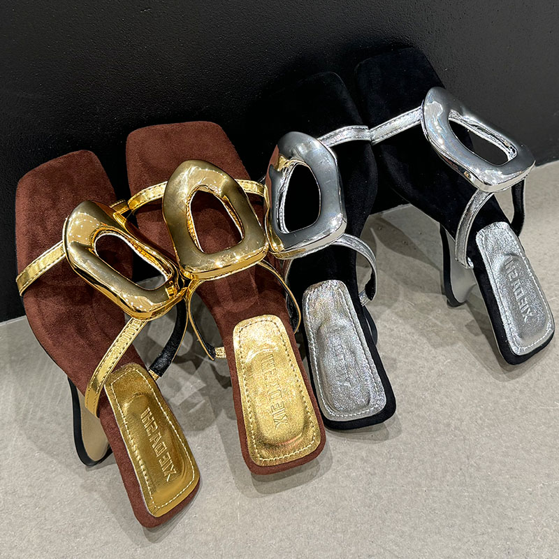 2025 new Slip Female On Footwear For Ladies New Summer Spring Shallow Fashion Metal Women Wedges Slides Pumps Shoes a25c