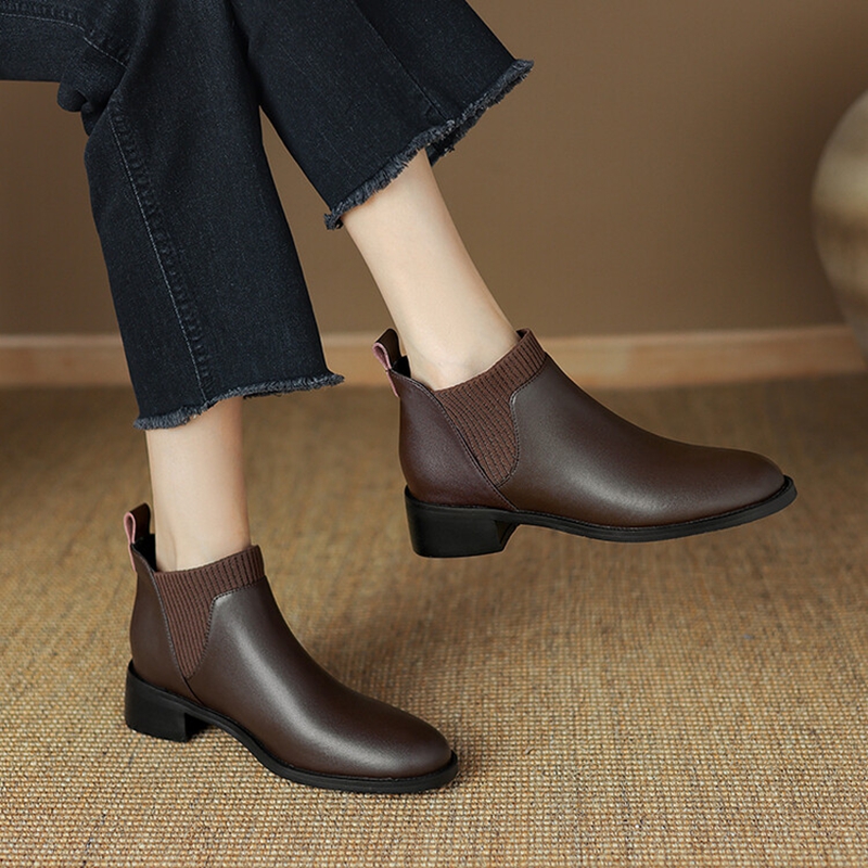 Autumn NEW Round Toe Chunky Heel Split Leather Shoes for Women Casual Slip-on Ankle Black Handmade Boots 3772