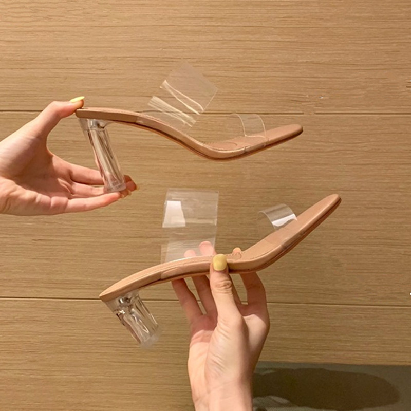 Transparent Slippers Women's Summer Outside Wear Slippers 2024 New Chunky Mid-heel Fashion High Heels Fashion Slides