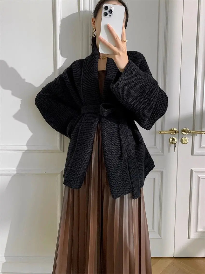 Knitted Cardigan Womens Autumn Winter Korean Vneck Waistband Tie Up Slimming Loose Ins Westernstyle Sweater Jacket 240904