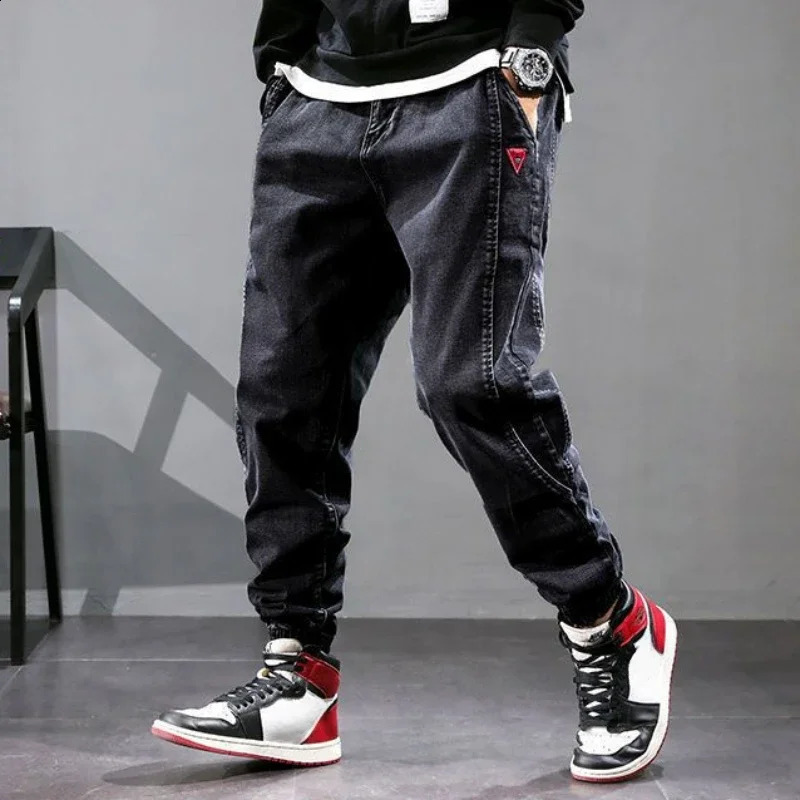 Elastic Cropped Mens Jeans Stretch Man Cowboy Pants Trousers Black Oversize Korean Style Regular Fit est Casual Long 240912