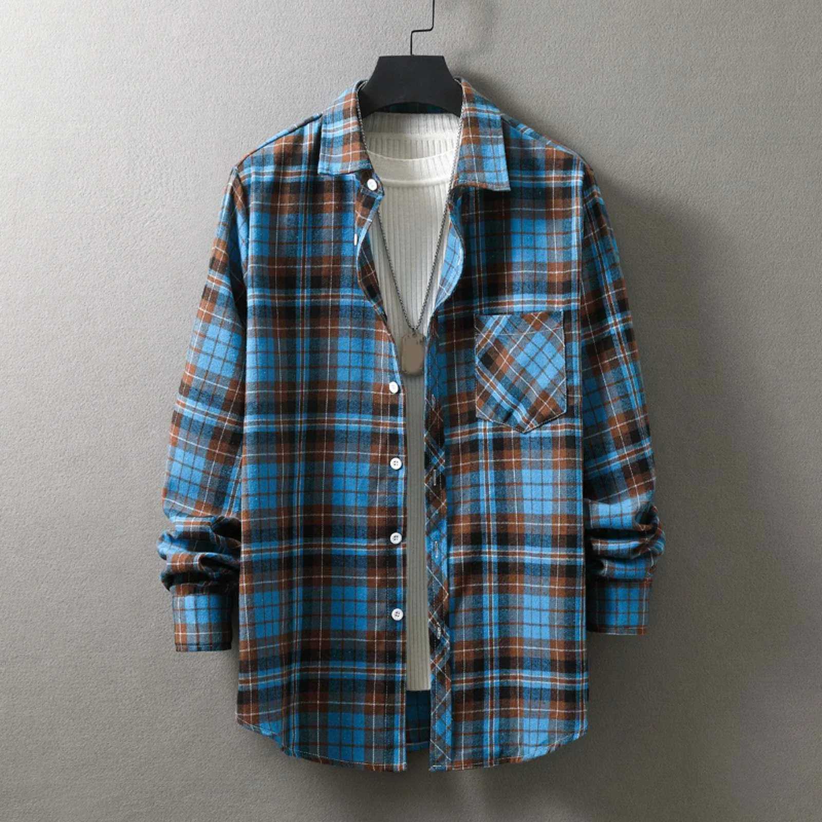 Men Fashion Plaid Flannel Shirt Long Sleeve Male Pocket Buffalo Plaid Shirts Printed Button Harajuku Checked Men Shirt XXL Z240914