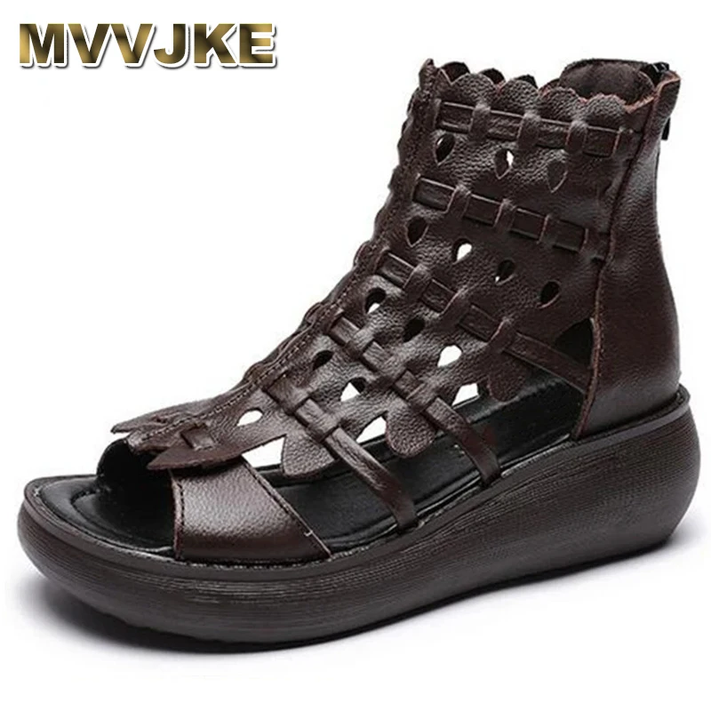 Summer New Retro Leather Thick-Soled Roman Sandals Fish Mouth Platform Shoes Women's Summer National Wedge Sandals