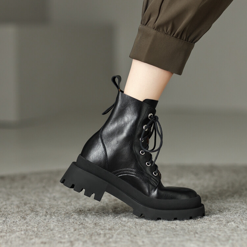 Round Autumn Toe Thick Heel Concise Lace-up Shoes for Women Winter Platform Short Designer Boots b417 Platm