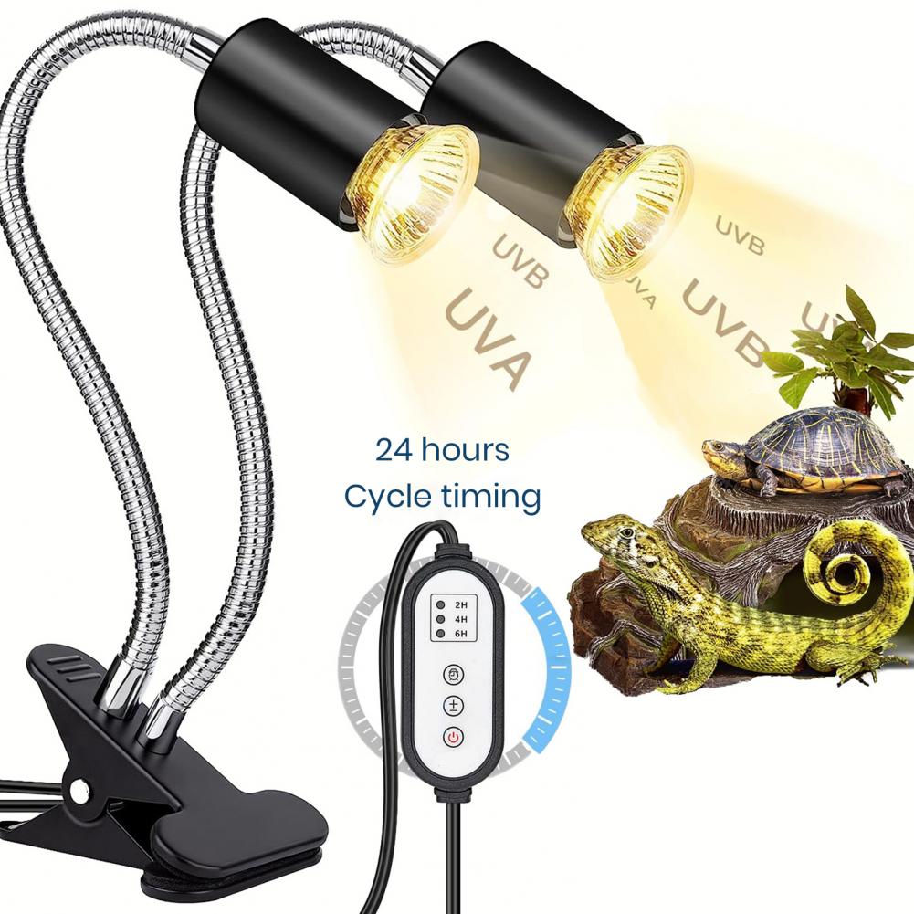 Gooseneck Adjustable Lamp Holder Dual-head Heat Lamp Holder with Timer Adjustable Gooseneck for Turtles Lizards Snakes Uva/b