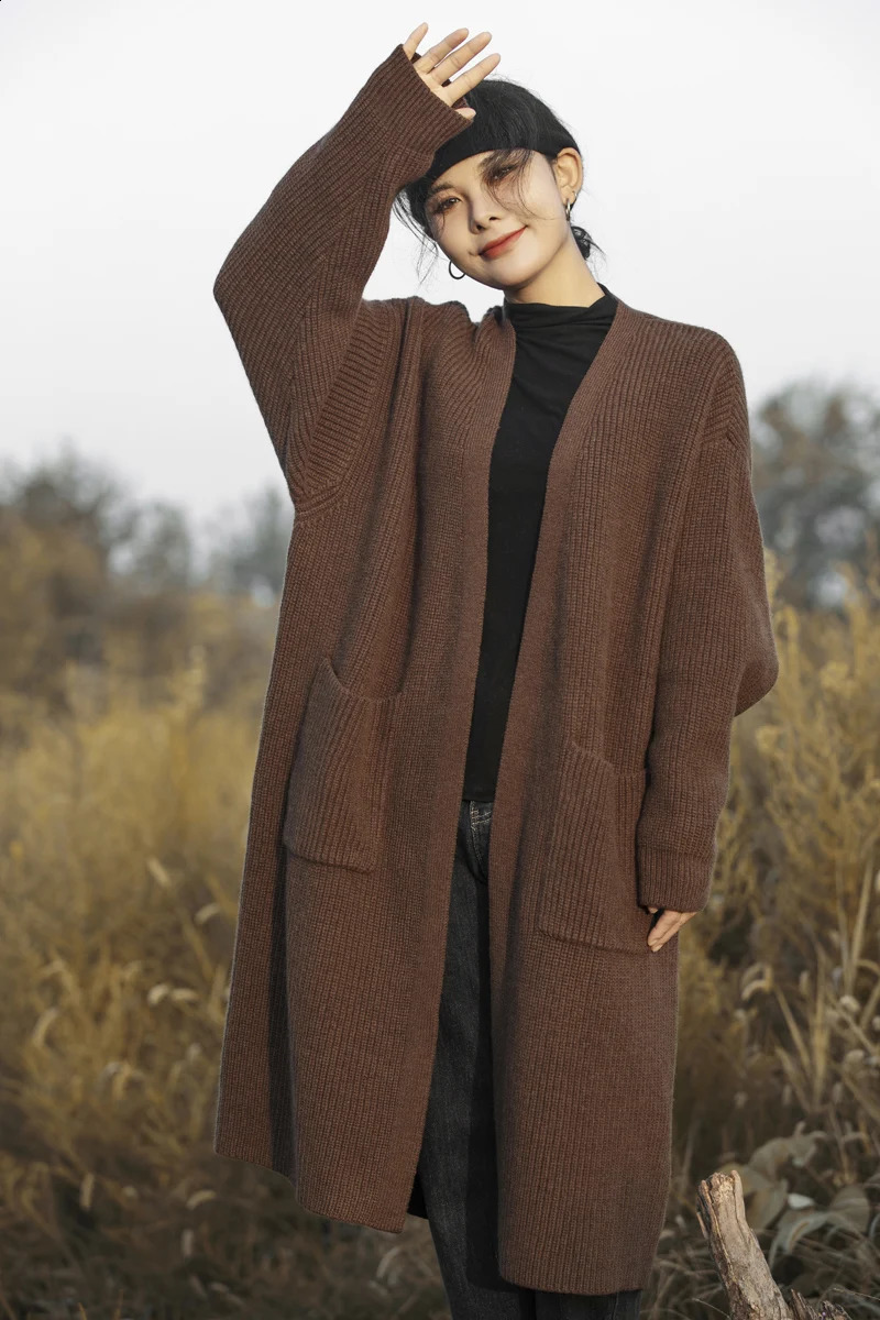 Long BuckleFree Womens Cardigan Pure Wool Knit Coat Free Size Loose AllMatch Casual and Comfortable 240904