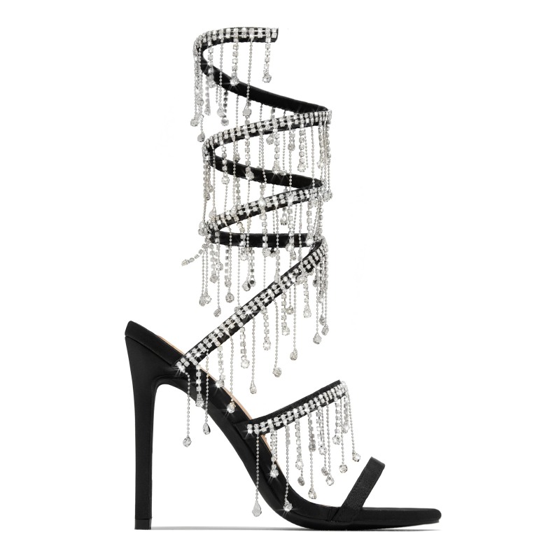 2024 Black Gold Wrap Rhinestone Pendant Sandals Woman Summer 11cm High Heel Crystal Chain Wedding Banquet Women Shoes Size 42