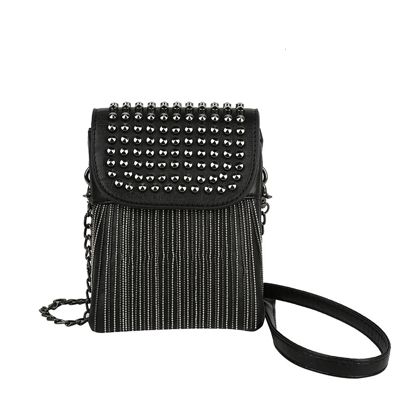 Chain tassel small bag for women autumn and winter Europe and the United States fashion riveted tassel bag pu crossbody shoulder bag mobile phone bag