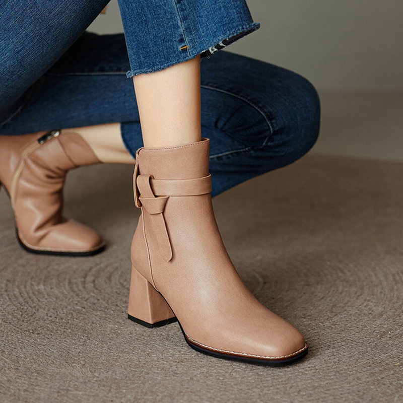 Casual NEW Split Leather Square Toe Chunky Shoes Winter Zipper Modern Women Solid High Heel Boots 70b6