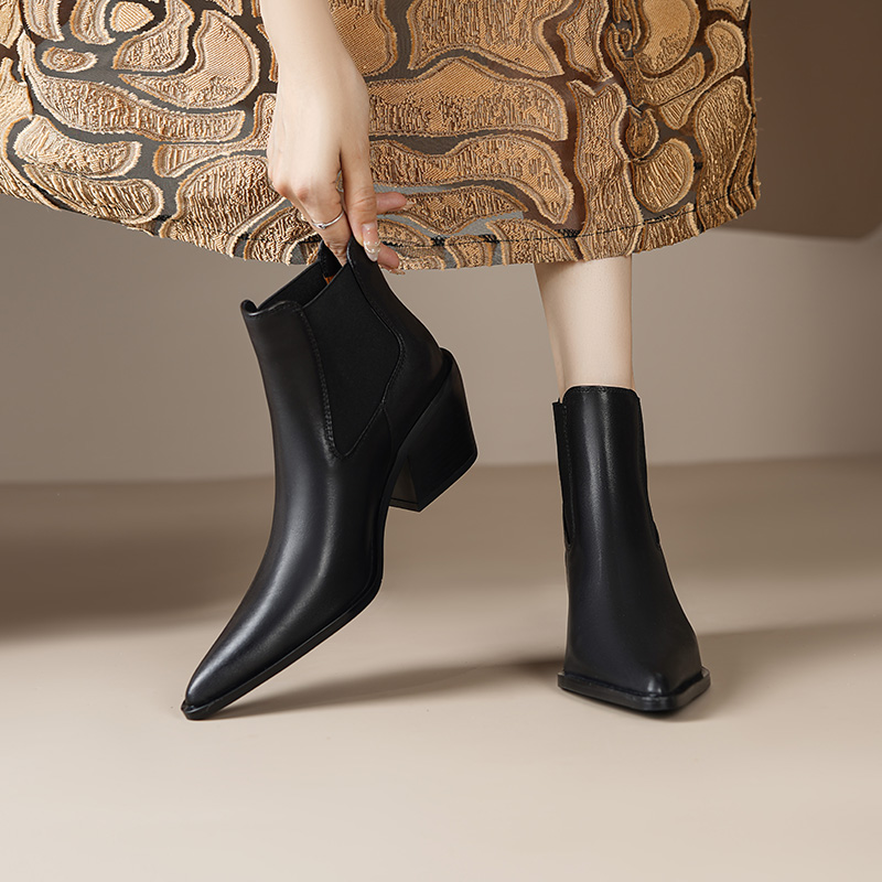 2024 Women Pointed Toe Chunky Ankle Shoes Winter Western Cowboy Sheepskin Boots Genuine Leather 6c4b