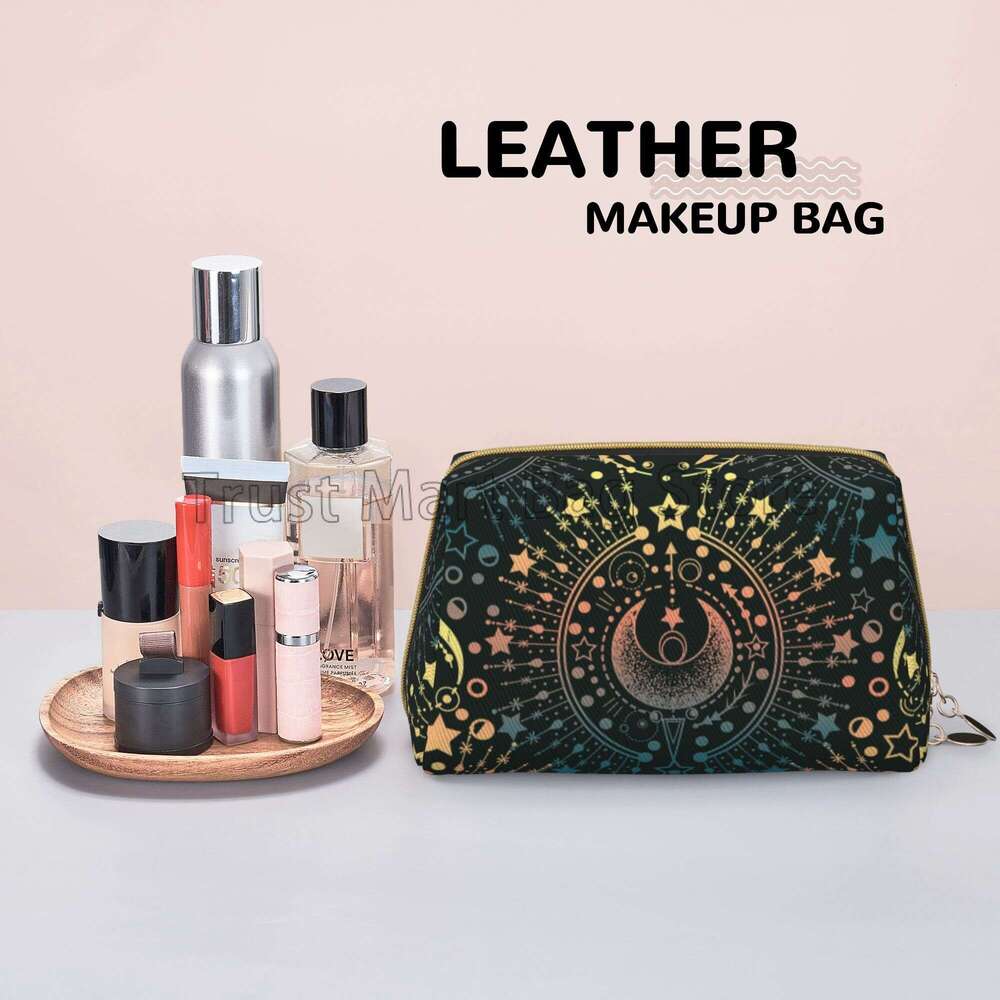 Moon & Star Alchemy Magical Leather Travel Cosmetic Black Skull Moth Large Capacity Waterproof Toiletry Bag Makeup Pouch