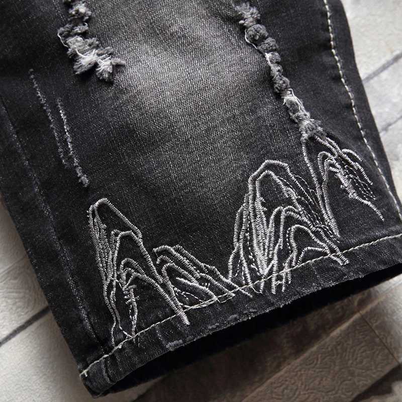 Summer Fashion Mens Denim Shorts Chinese Style Embroidery Classic Black Stretch Slim Casual Short Jeans Trend Streetwear MaleX240914