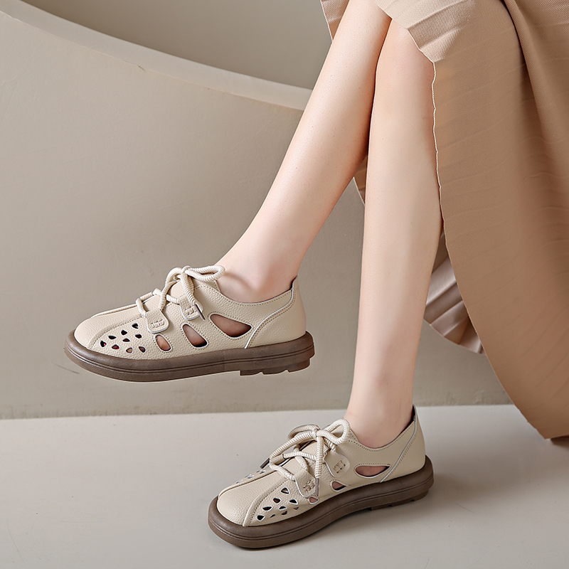 Leather Hollow Roman Sandals Women 2024 Summer Breathable Retro Single Shoe Thick Sole Sports Casual Women's Shoes .