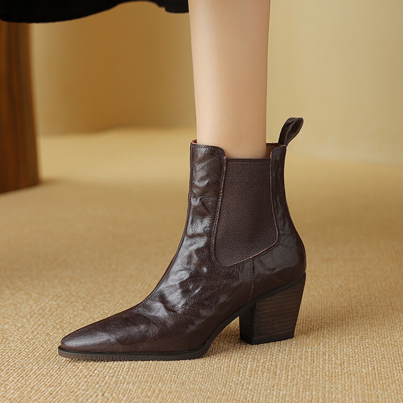 NEW Autumn Women Boots Genuine Leather Shoes for Women Pointed Toe Chunky Heel Shoes Slip-on Modern Boots Handmade Short Boots