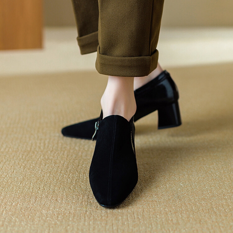 Spring/Autumn NEW Loafers Sheep Suede Leather for Pointed Toe Chunky Heel Soft Shoes Black Zipper New Women Pumps cbf6