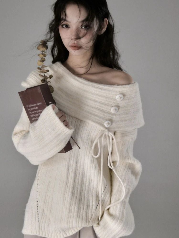HOUZHOU Coquette Elegant Sexy Knitted Pullovers Sweet Solid Y2k Aesthetic Off Shoulder Bow Bandage Loose Sweater Autumn 240911