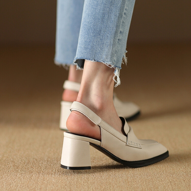 NEW Summer Women Sandals Genuine Leather Shoes for Women Cover Toe Slingback Shoes Square Toe Chunky Heel Designer Sandals