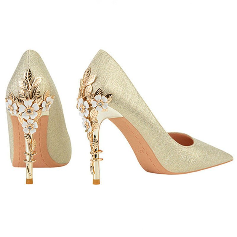 European Style Fashion Light Luxury Pointed Toe High-heeled Stiletto Women's Shoes Sexy Metal Flower Wedding Shoes Banquet Shoes