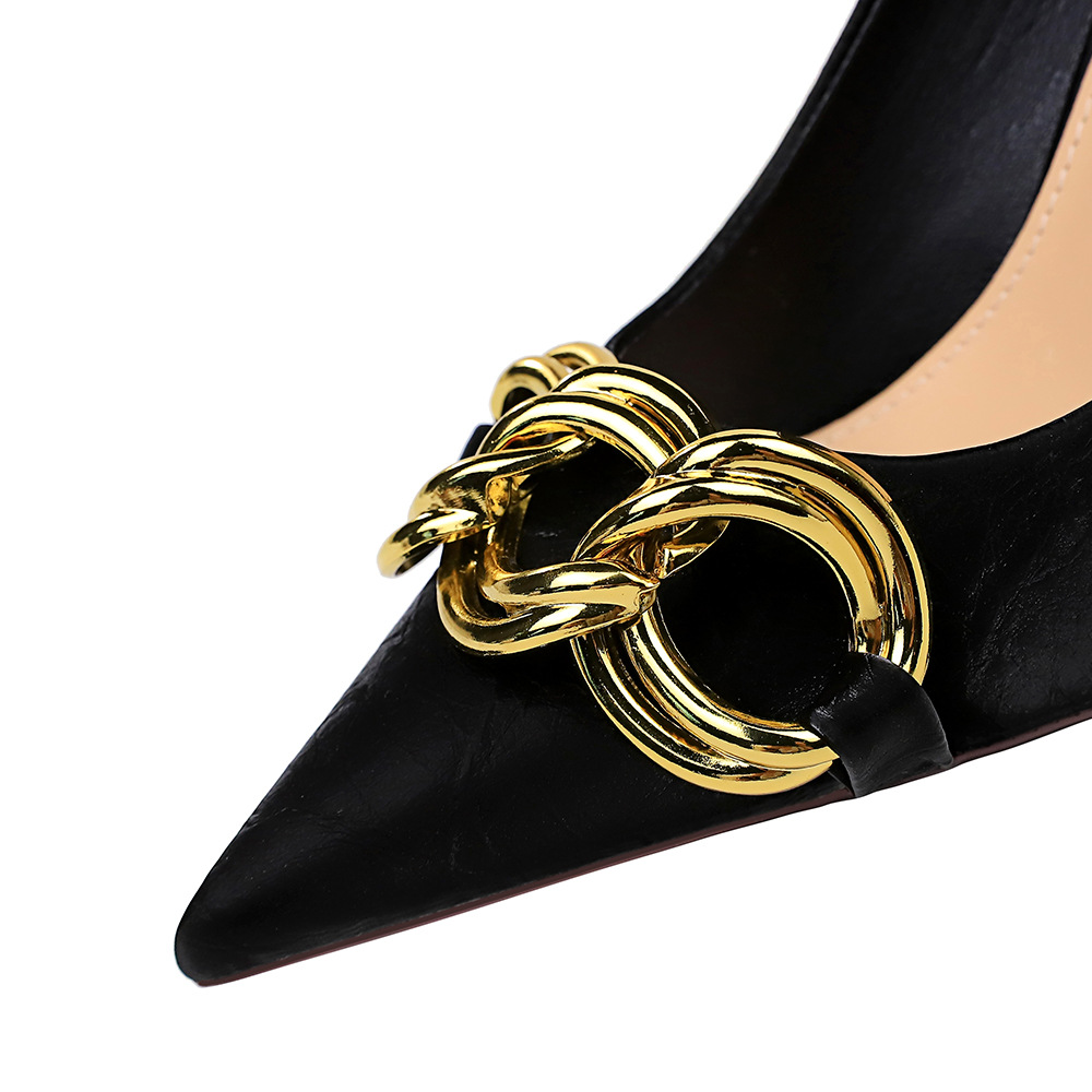 New BIGTREE Woman Pumps Designer Shallow Metal Decoration Pointed Toe PU 9.5CM Thin Heels Mature Party Women Shoes Black