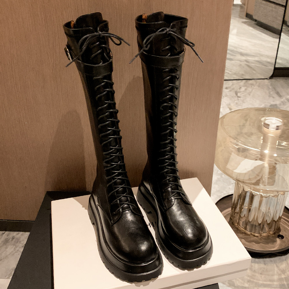 women's danxuefei genuine leather lace-up thick sole platform flats autumn knee high casual punk knight boots back zip hot 3683