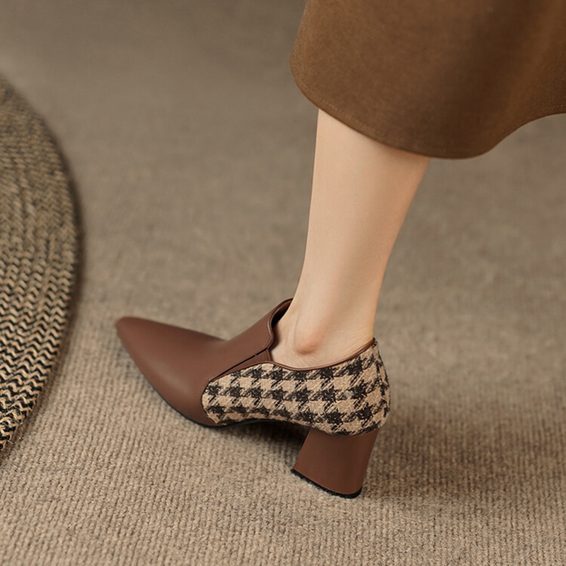 Spring NEW Women's Pumps Genuine Leather High Heels Pointed Toe Chunky Heel for Women Lattice Cotton Fabric New Handmade Shoes d493