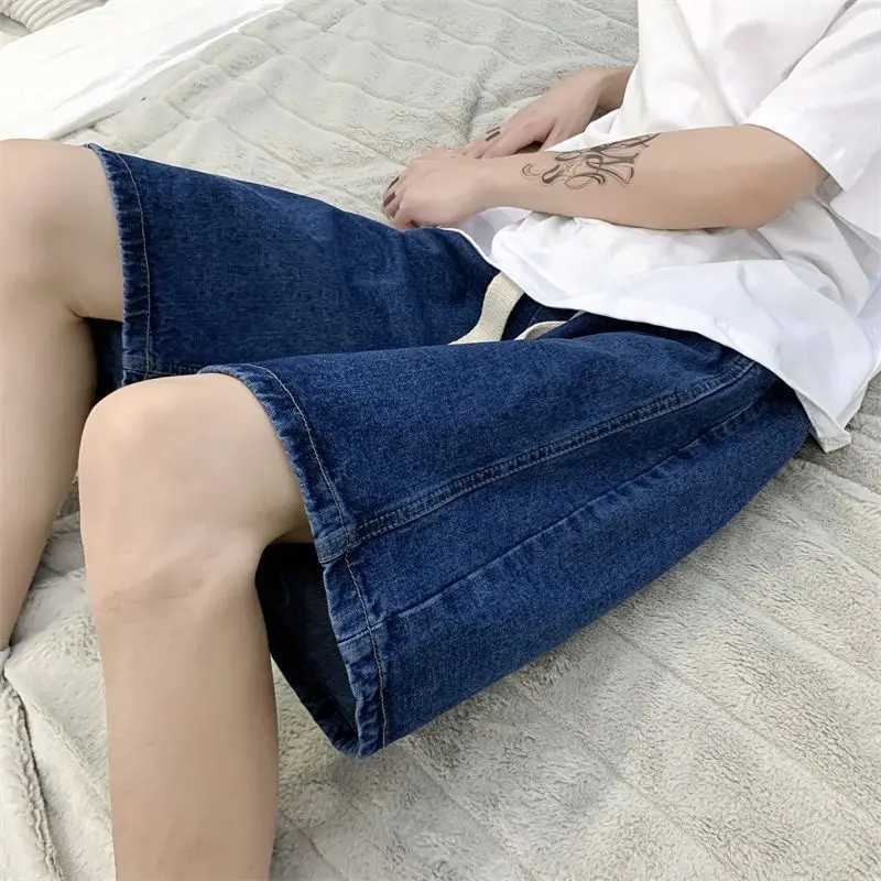 Wide Leg Baggy Denim Shorts Men Summer Thin Solid Color Casual Loose Simple Knee-length 5 Point Pants Drawstring Straight ShortsX240914