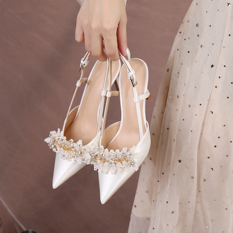 2025 new Bridal Satin Wedding Shoes White Pearl High Heels Women Fashion Pumps