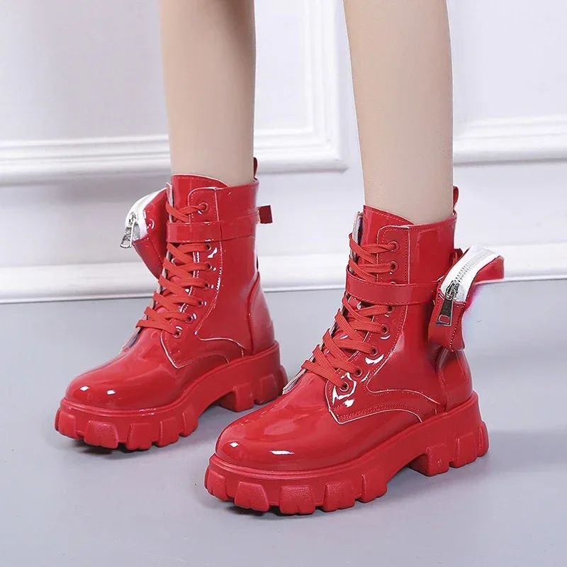 New Autumn Winter Shoes Women Short Boots Pocket Buckle Strap Ankle Boots Red PU Leather Mid-calf Platform Booties Cross-tied