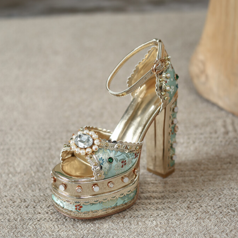 Luxury Pearl Rhinestone Design Sunflower Open Toe Sandals Retro Wedding Bride 14cm High Heels New Sexy Summer 34-43 Women Shoes