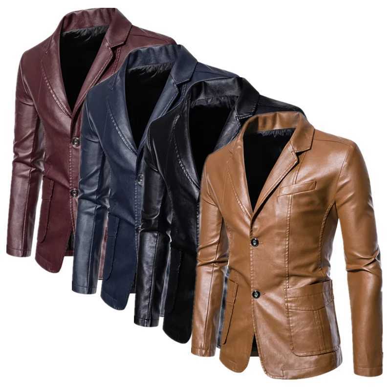 2023 New Men Business Casual Leather Jacket Black / khaki Fashion Mens Suit Collar Coats Large Size 5XL Slim Fit TopX240913