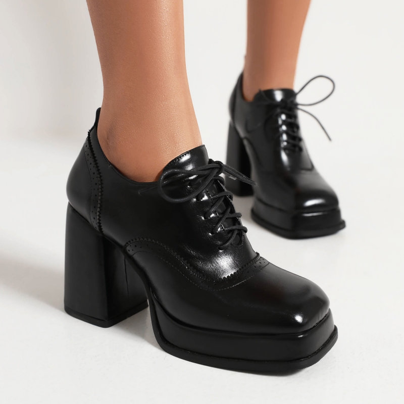 Black Classic New Heeled Women Pumps Oxfords Platform Lace Up High Heels Working Party Wedding Shoes 2024 New Spring Autumn 152d