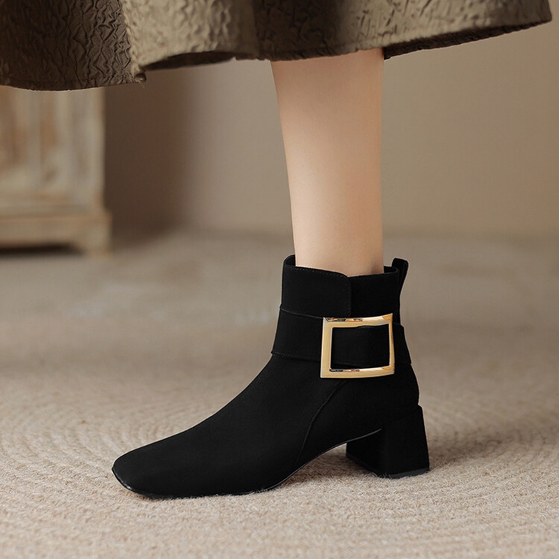 Autumn NEW Genuine Leather for Women Square Toe Chunky Heel Shoes Casual Zipper Modern Retro Black Boots fdd9