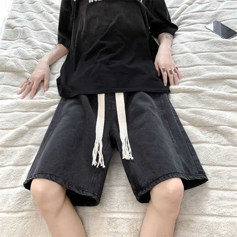 Wide Leg Baggy Denim Shorts Men Summer Thin Solid Color Casual Loose Simple Knee-length 5 Point Pants Drawstring Straight ShortsX240914