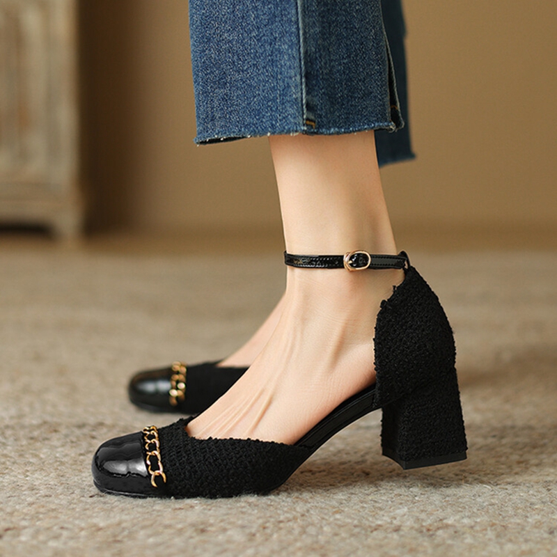Summer NEW Cotton Fabric for Women Chunky Round Toe Cover Heel Sandals Splicing Chain Shoes bf59