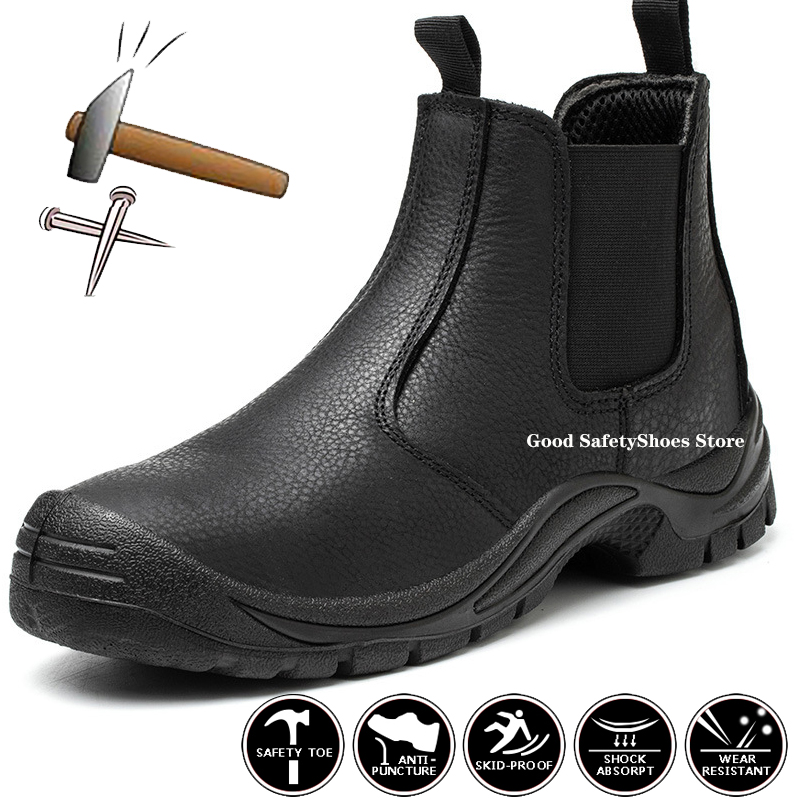 Leather Genuine Black Waterproof Anti-Smash Safety Boots Men Steel Toe Work Shoes Footwear 9db9