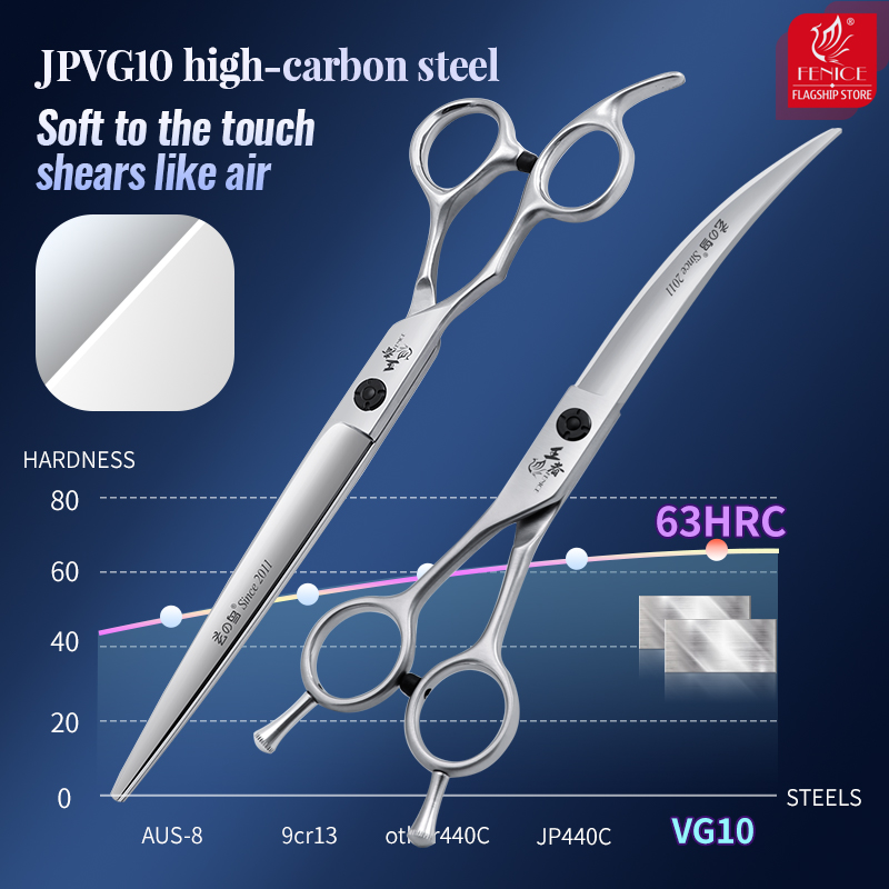 Fenice Professional JP VG10 Steel Left Hand 7/7.5 Inch Super Curved 38°/Straight Pet Dog Grooming Scissors Shears Dog Scissors
