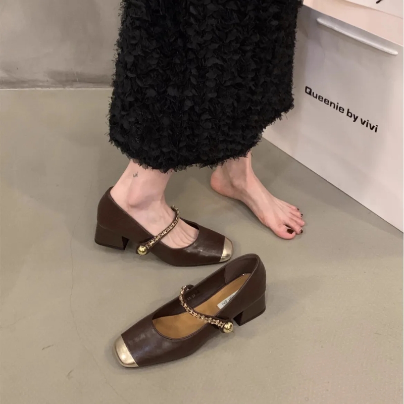 Simple square head thick temperament single 2024 spring fashion patchwork with New skirt shoes