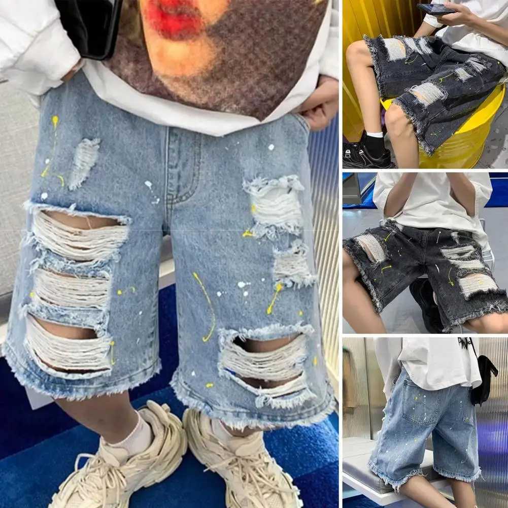 2024 Hip Hop Ripped Denim Shorts Streetwear Men Vintage Destroyed Hole Baggy Jeans Pants Fashion Summer Loose Shorts BlackX240914