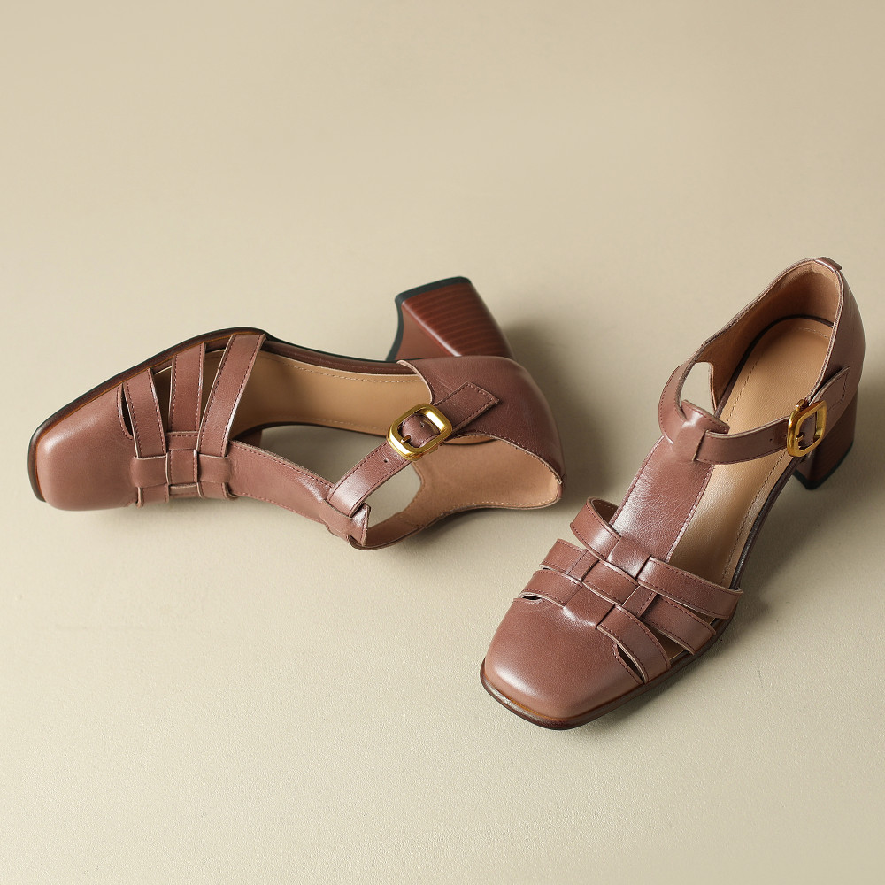 size Plus 34-42 6cm thick high heel narrow band braided cage t-strap retro pumps women's sandals summer New 2023 new 0aa5