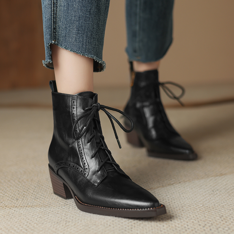 2024 New Autumn Women Boots Pointed Toe Women Shoes Chunky Heel Ankle Boots Winter Western Boots Cowboy Boots Genuine Leather