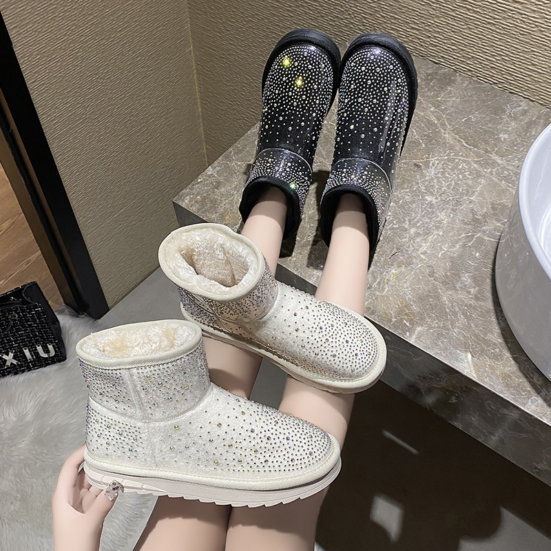 Flat Heel Women's Rubber Boots Winter Footwear Round Toe Crystal Female Shoes Plush Boots-Women Australia Rain 2022 Med Rhinesto
