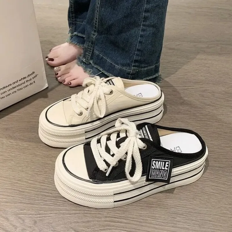 Trendy Slip-on Canvas Slippers: Thick Soles, Half Drag, Casual Fashion for Women 4