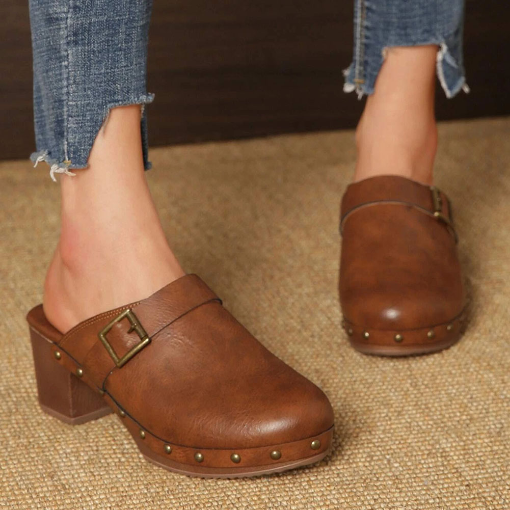 Brand New Dropship 2023 New Women Brown Buckle Decor Mules Chunky Heeled Elegant Pump Vintage Comfy Women Mules Sandals Shoes