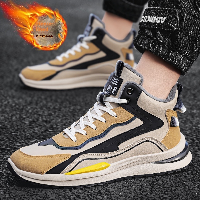 Youth plush insulation trend, dad winter men's fashionable high top cotton shoes, new lace up casual sports shoes
