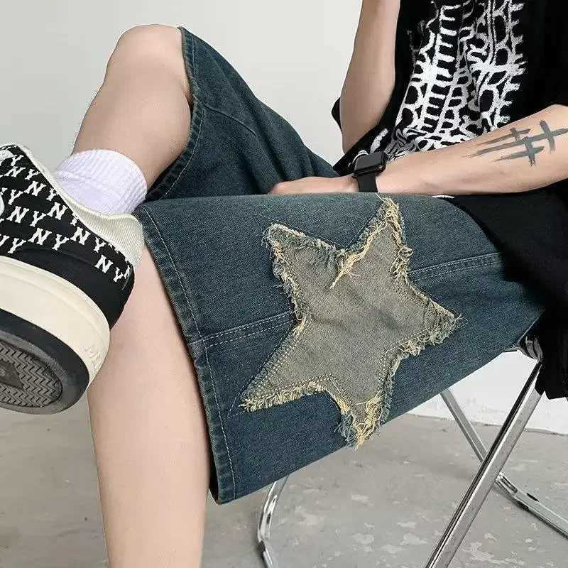 2023 Summer New Denim Shorts American Style Embroidered Star Quilted Straight-leg Loose-fit Wide Leg Five-point LengthX240914