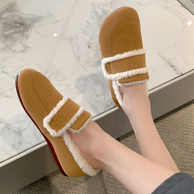 Retro Flat Bottomed Casual Women's Cotton Shoes Autumn Winter Mocasines Thick Plush Slip on Loafers Soft Sole Khaki Zapatillas