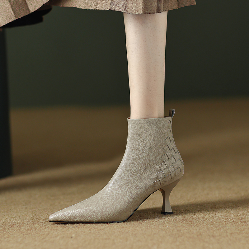 2024 Pointed Toe Ankle High Heels Women Thin Heel Short Boots Genuine Leather Winter Modern Ladies Shoes 7554