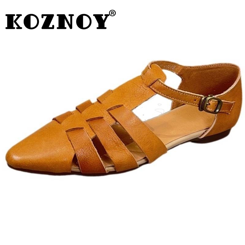 Koznoy 1.5cm Weave Genuine Leather Moccasins Women Soft Soled Rubber Flats Sandals Point Toe Buckle Leisure Shallow Summer Shoes